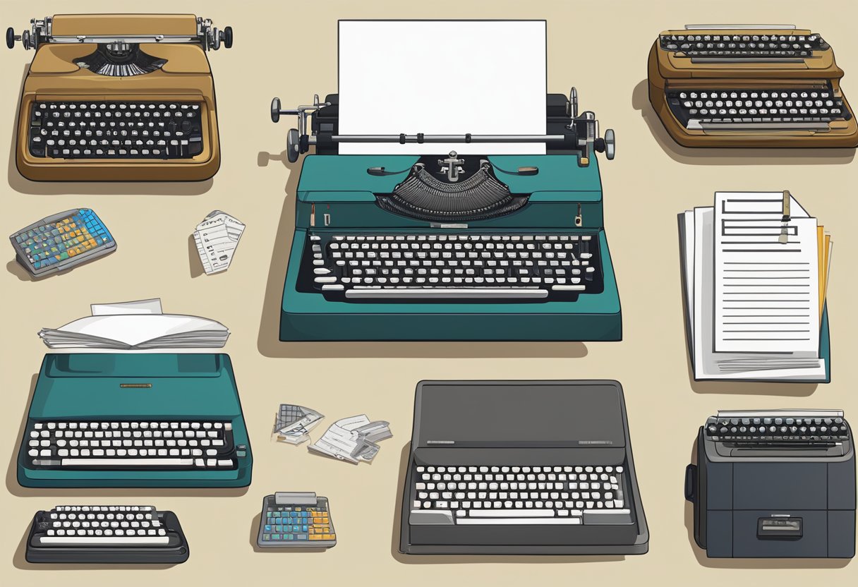 A table with a collection of encrypted messages, a vintage typewriter, and a modern computer with a cryptographic software program open