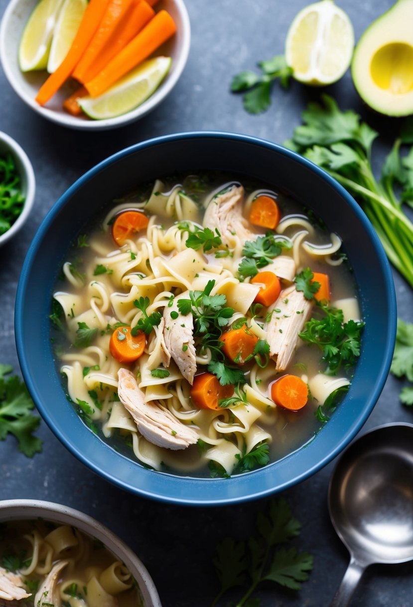 A steaming bowl of chicken noodle soup surrounded by fresh ingredients and a ladle