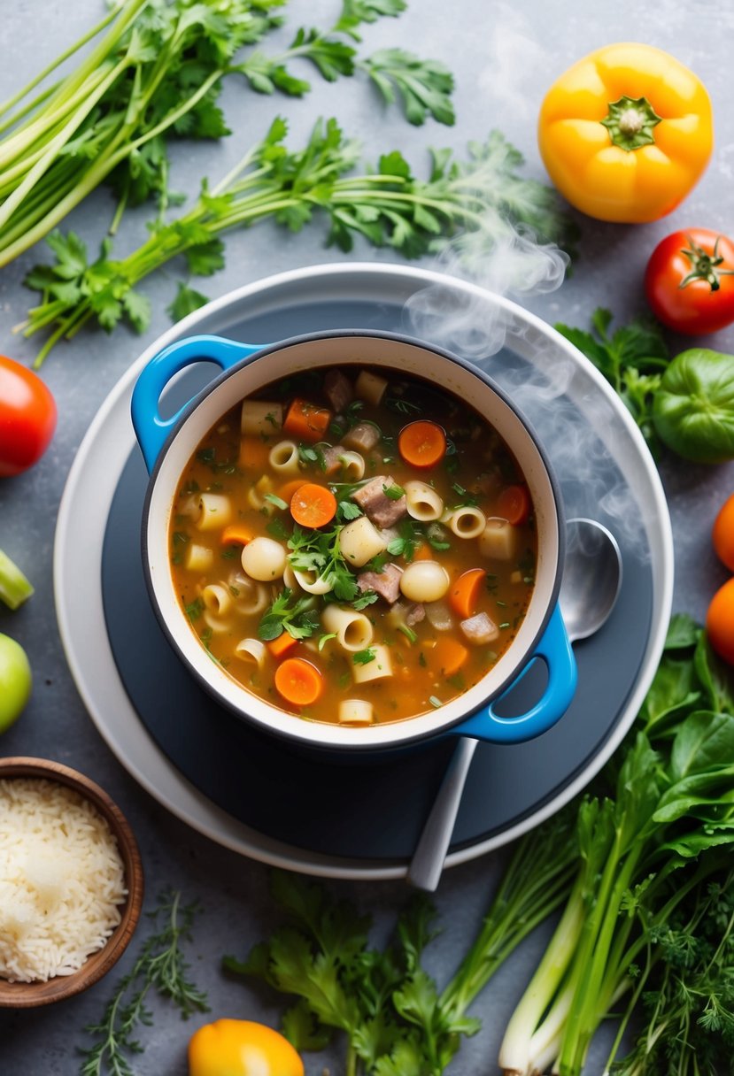 A steaming pot of minestrone soup surrounded by fresh vegetables and herbs