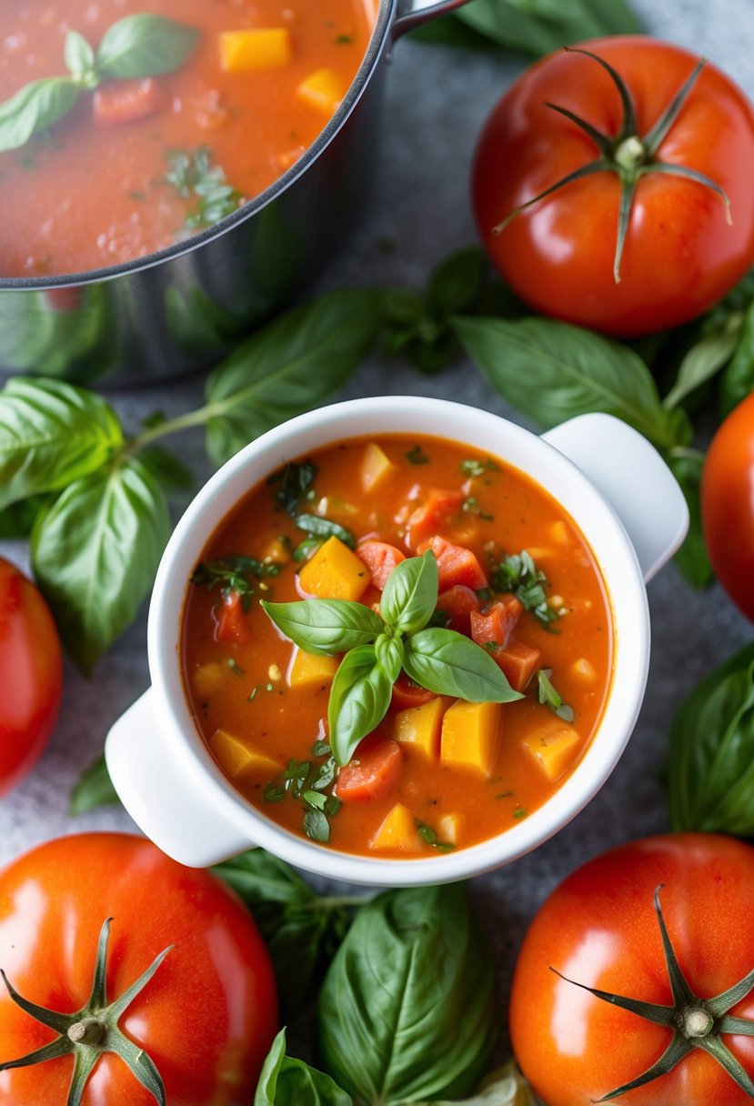 A steaming pot of tomato basil soup surrounded by fresh basil leaves and ripe tomatoes