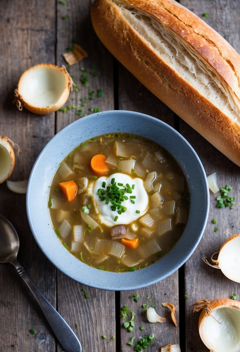 A steaming bowl of French onion soup sits on a rustic wooden table, surrounded by a scattering of onion skins and a loaf of crusty bread