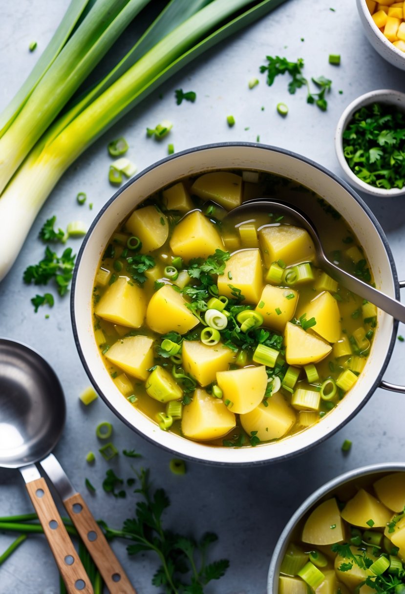 A pot of simmering potato leek soup surrounded by fresh ingredients and a ladle