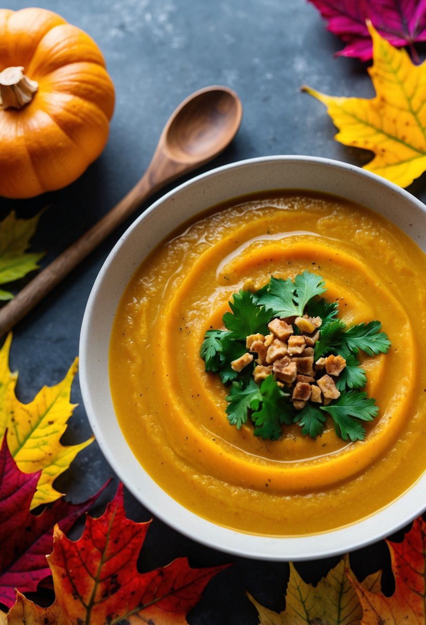 A steaming bowl of butternut squash soup surrounded by colorful autumn leaves and a rustic wooden spoon