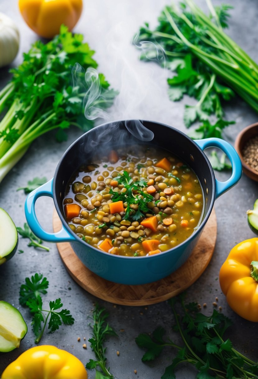 A steaming pot of lentil soup surrounded by fresh vegetables and herbs on a rustic kitchen counter