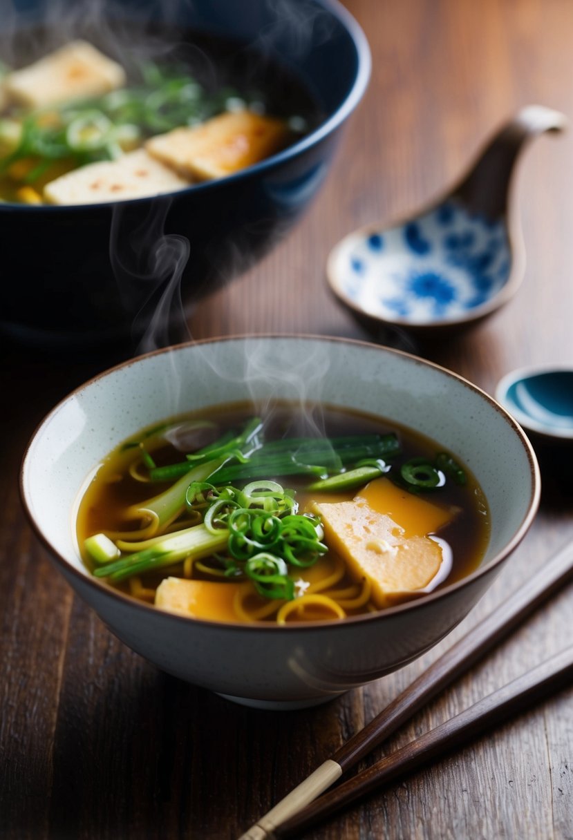 A steaming bowl of miso soup surrounded by chopsticks and a ceramic spoon on a wooden table