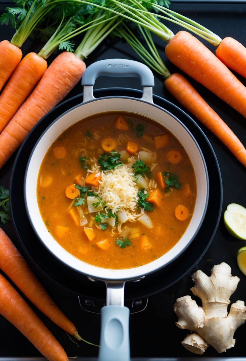 A pot of carrot ginger soup simmers on a stovetop, surrounded by fresh carrots, ginger, and other ingredients