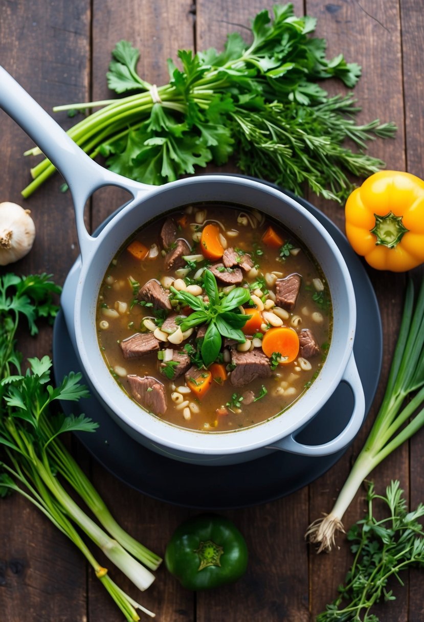 A steaming pot of beef barley soup surrounded by fresh vegetables and herbs on a rustic wooden table