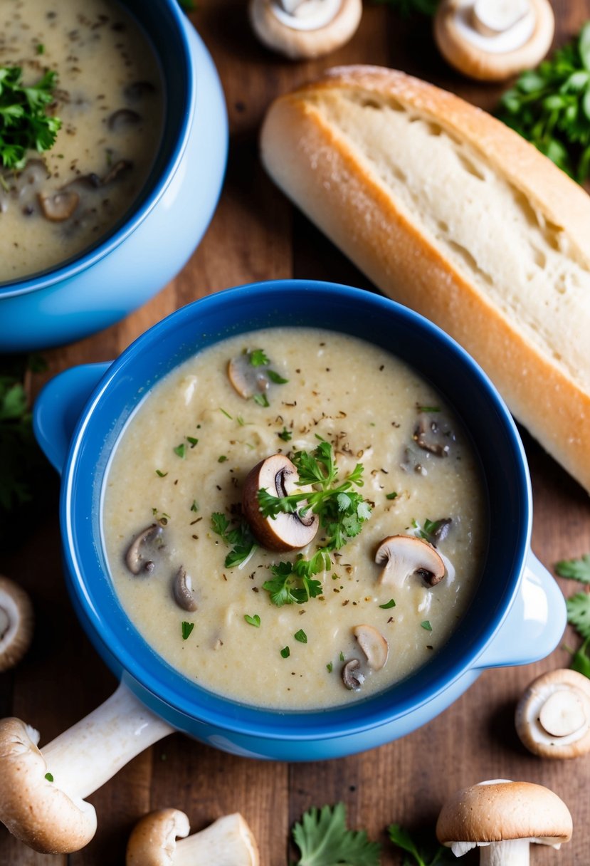 A steaming pot of creamy mushroom soup with a sprinkle of herbs, surrounded by fresh mushrooms and a loaf of crusty bread