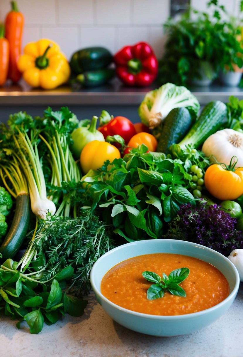 A colorful array of fresh vegetables and herbs arranged on a kitchen counter, alongside a bowl of chilled gazpacho soup