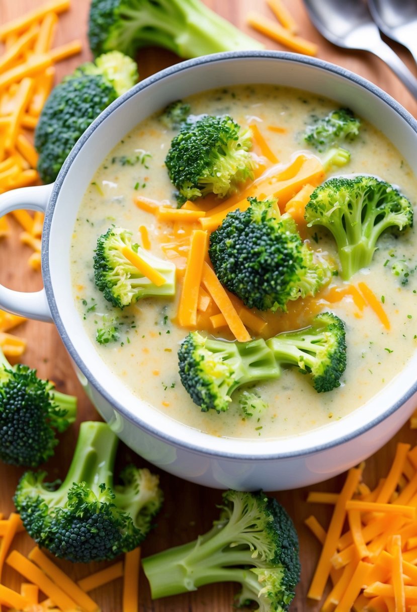 A bubbling pot of broccoli cheddar soup surrounded by fresh broccoli florets and a sprinkle of shredded cheddar cheese
