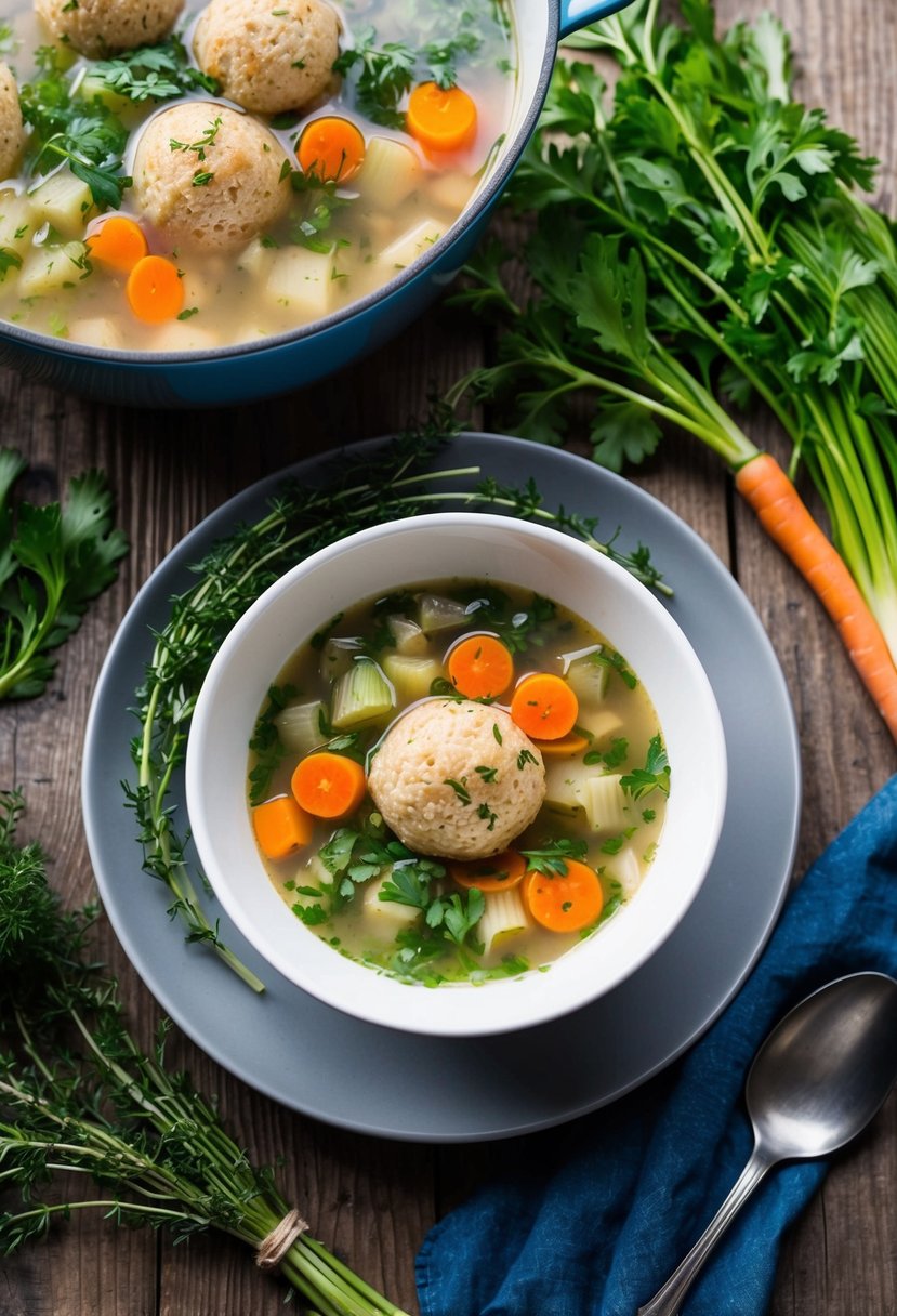 A steaming bowl of matzo ball soup surrounded by fresh herbs and vegetables on a rustic wooden table