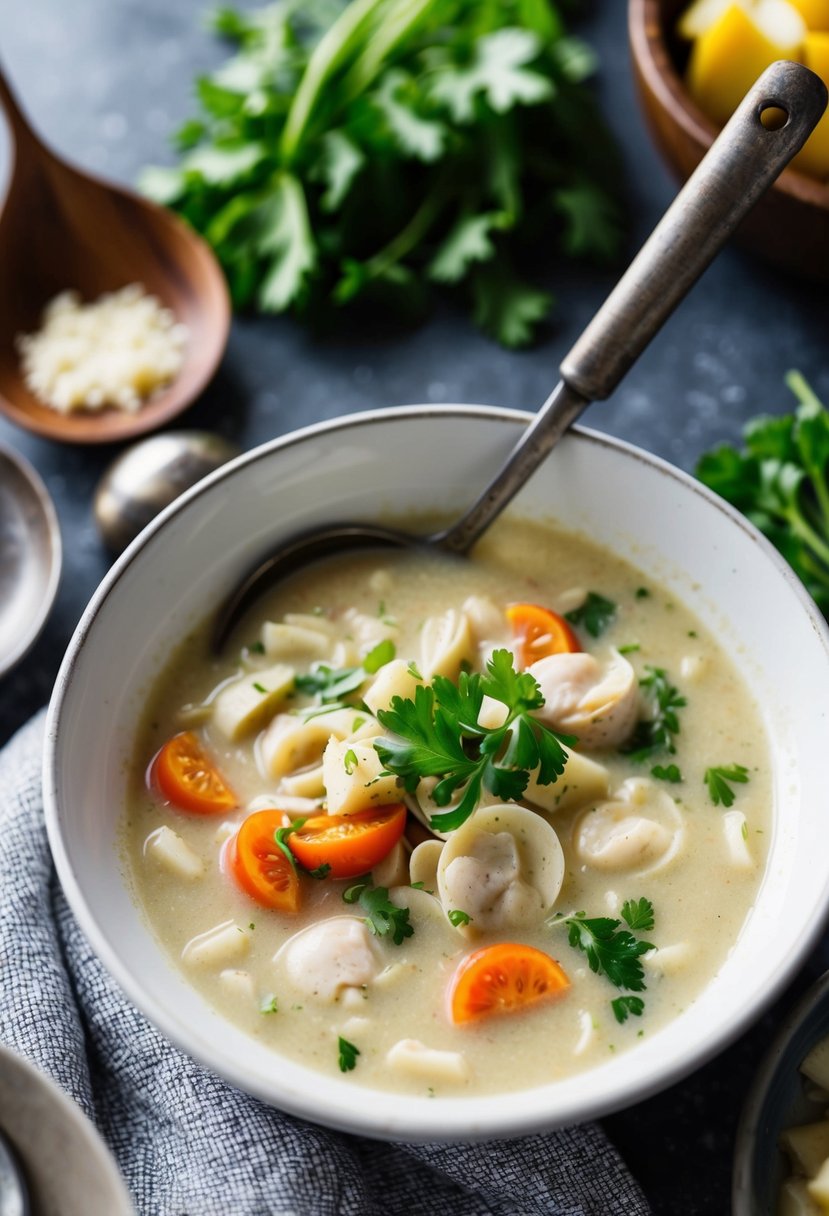 A steaming bowl of clam chowder surrounded by fresh ingredients and a rustic ladle