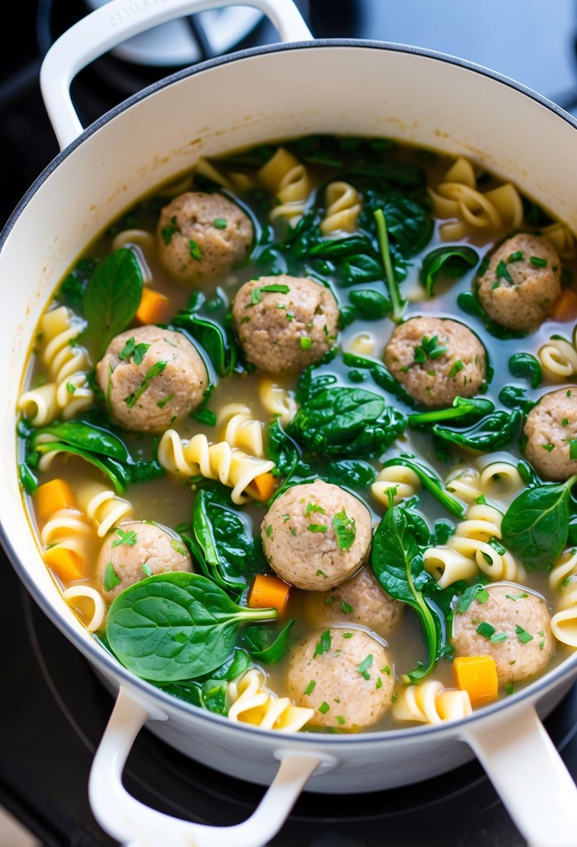A pot of Italian Wedding Soup simmers on the stove, filled with tender meatballs, vibrant spinach, and delicate pasta in a savory broth