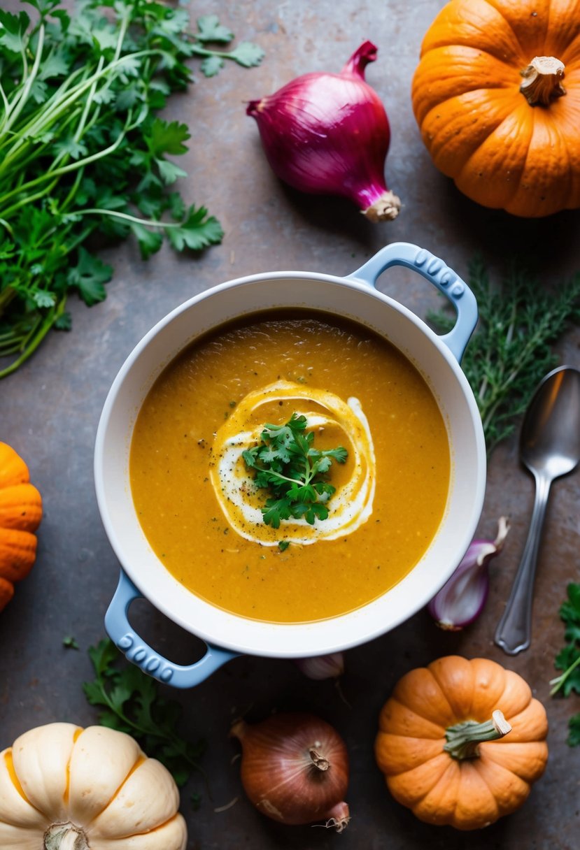 A steaming pot of pumpkin soup surrounded by fresh ingredients like pumpkins, onions, and herbs on a rustic kitchen counter