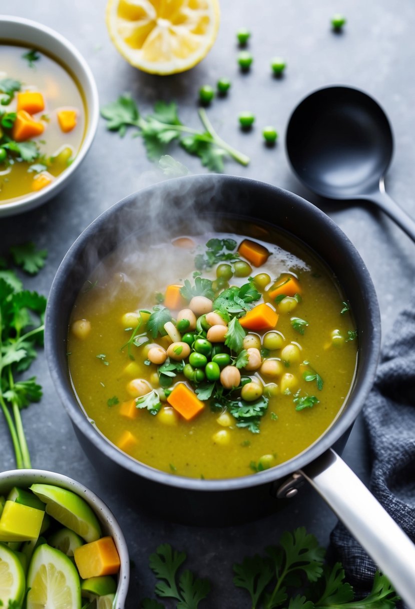 A steaming pot of split pea soup surrounded by fresh ingredients and a ladle