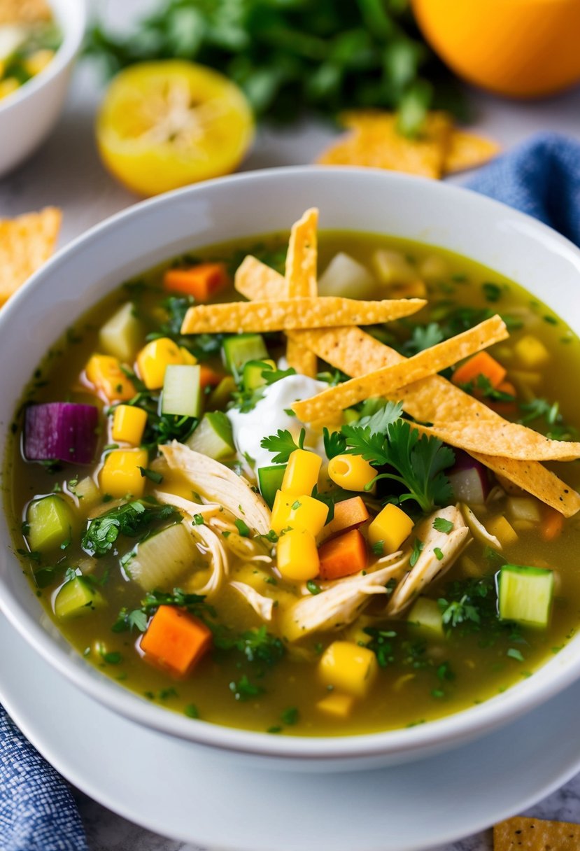 A steaming bowl of chicken tortilla soup surrounded by colorful vegetables and garnished with crispy tortilla strips