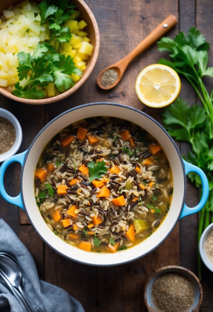 A steaming pot of wild rice soup surrounded by fresh ingredients and spices on a rustic wooden table