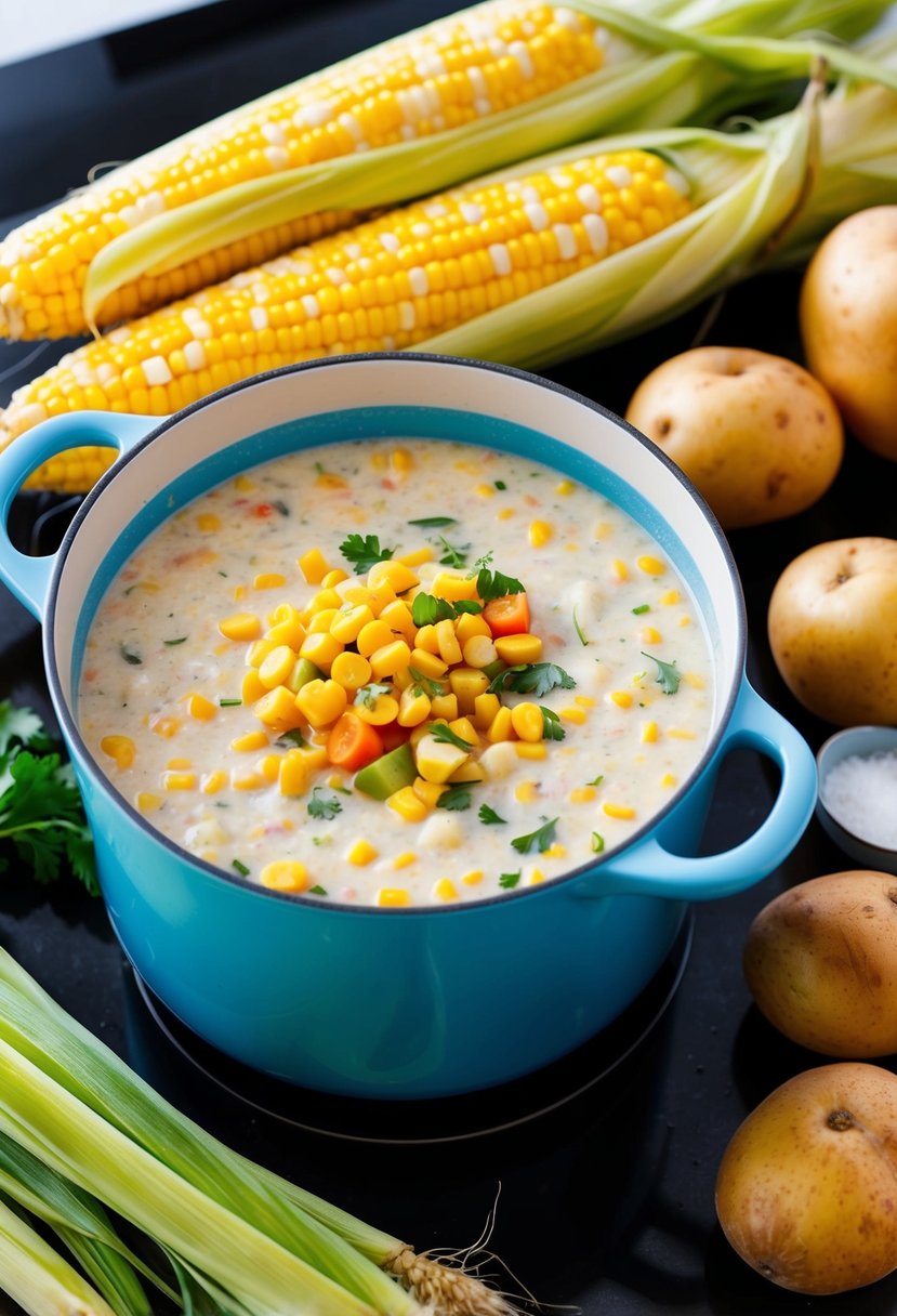 A pot of corn chowder simmering on a stovetop, surrounded by fresh ears of corn, potatoes, and a variety of colorful vegetables