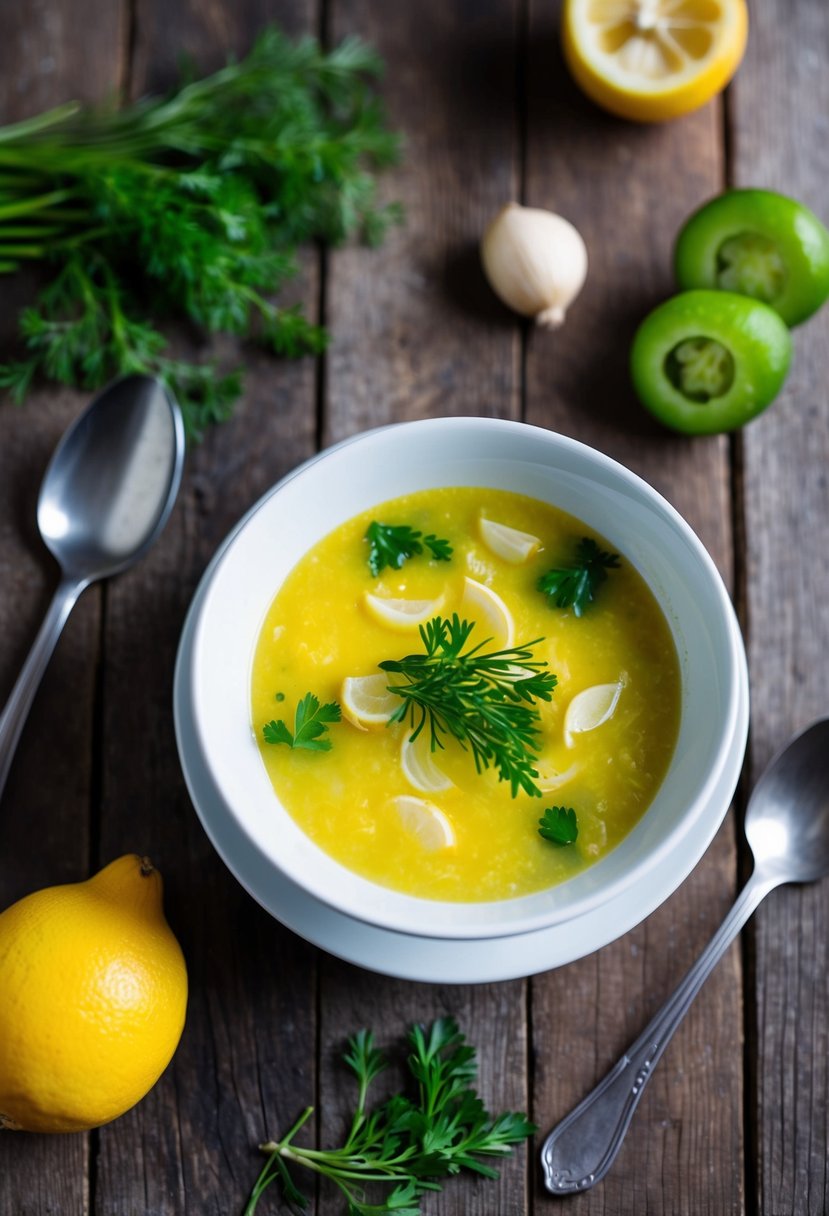 A steaming bowl of Avgolemono soup surrounded by fresh ingredients and a spoon on a rustic wooden table