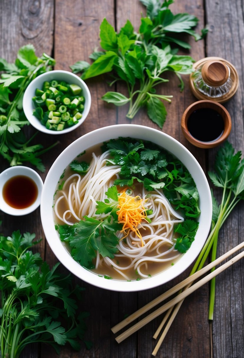 A steaming bowl of pho surrounded by fresh herbs and condiments on a rustic wooden table