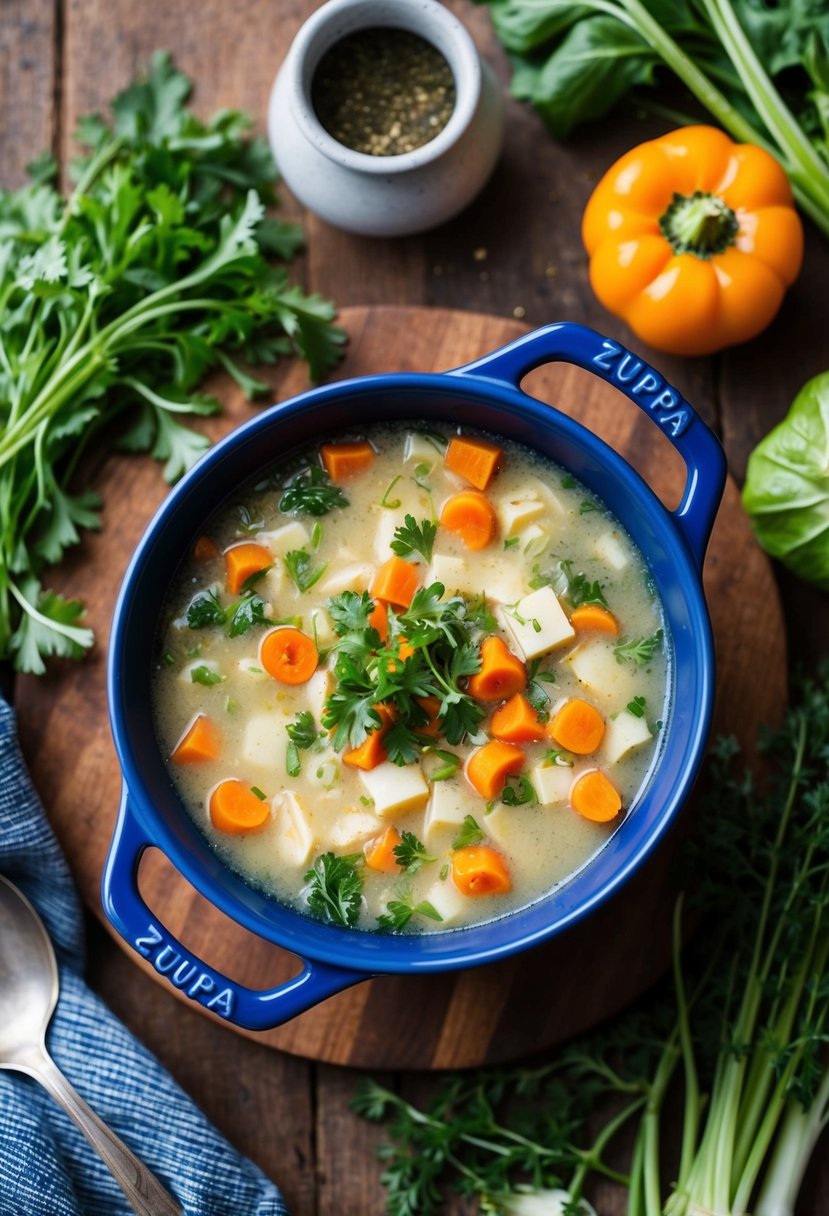 A rustic kitchen with a bubbling pot of Zuppa Toscana soup surrounded by fresh vegetables and herbs