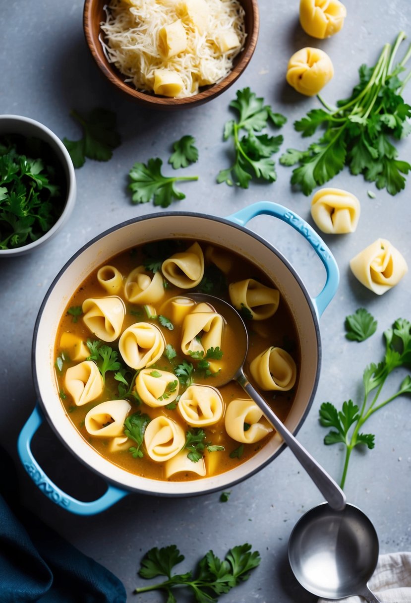 A simmering pot of tortellini soup surrounded by fresh ingredients and a ladle