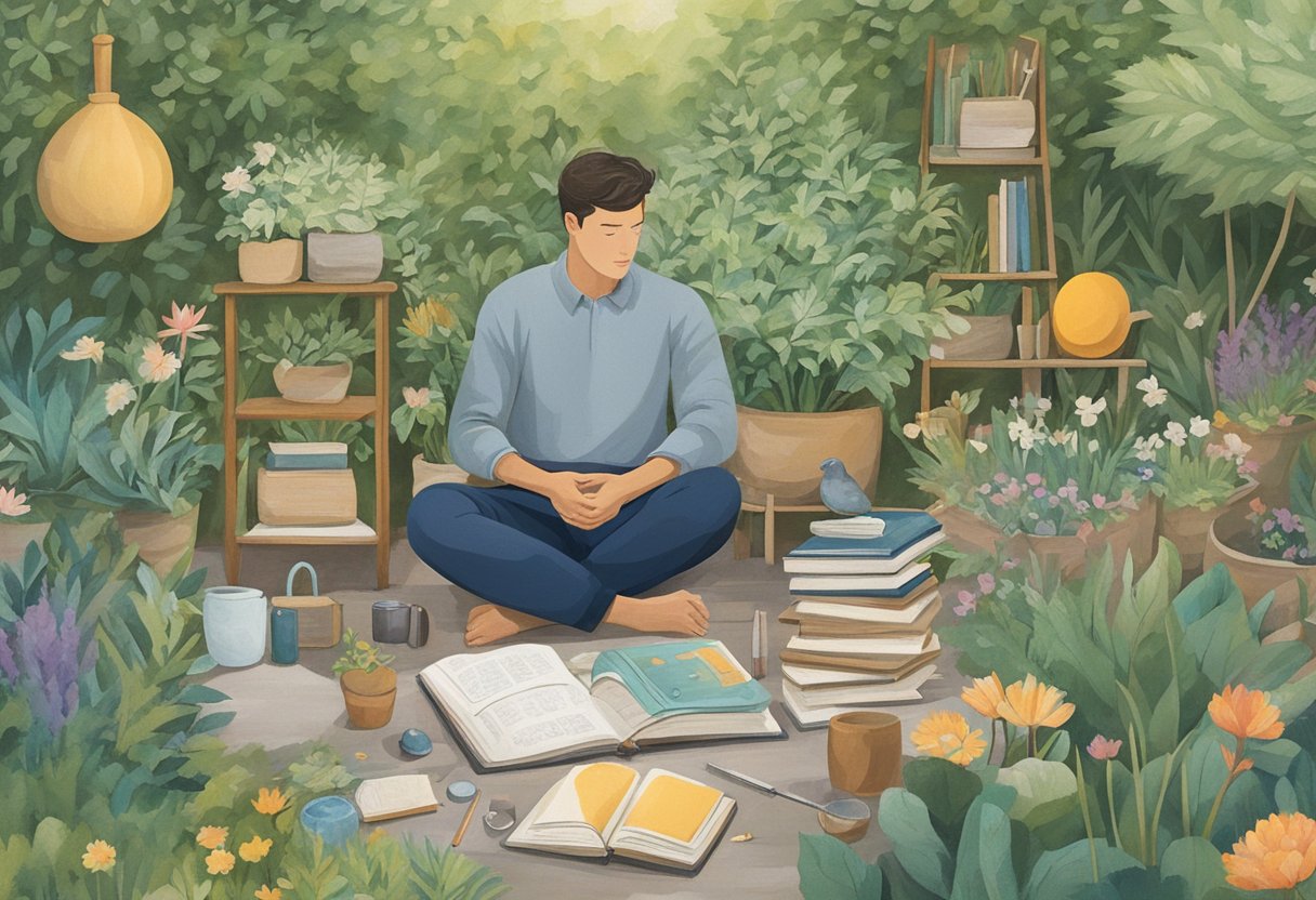 A man sitting in a peaceful garden, surrounded by a variety of coping tools such as journals, meditation cushions, and art supplies