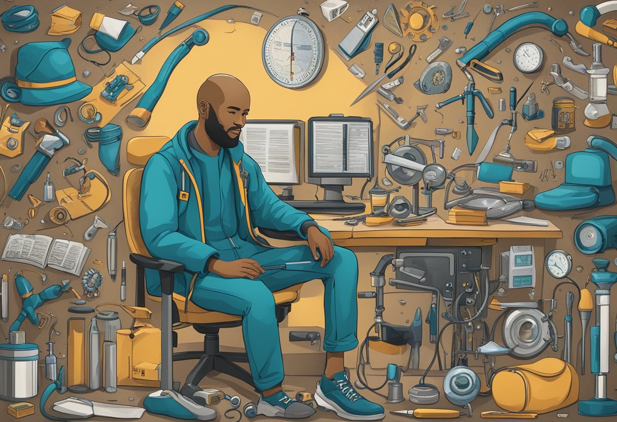 A male cancer thriver surrounded by medical tools and resources, symbolizing his coping and thriving journey