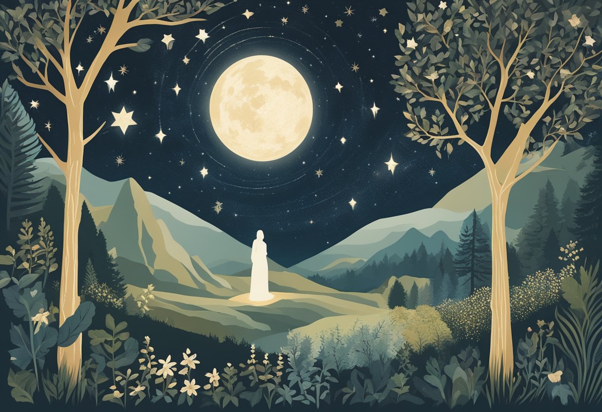 A serene figure surrounded by nature, gazing at the stars and deep in thought