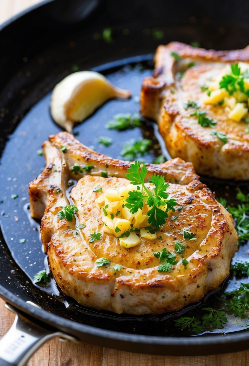 23 Pork Chop Recipes That Will Make Your Taste Buds Dance 48 A sizzling pork chop with garlic and herbs cooking on a hot skillet
