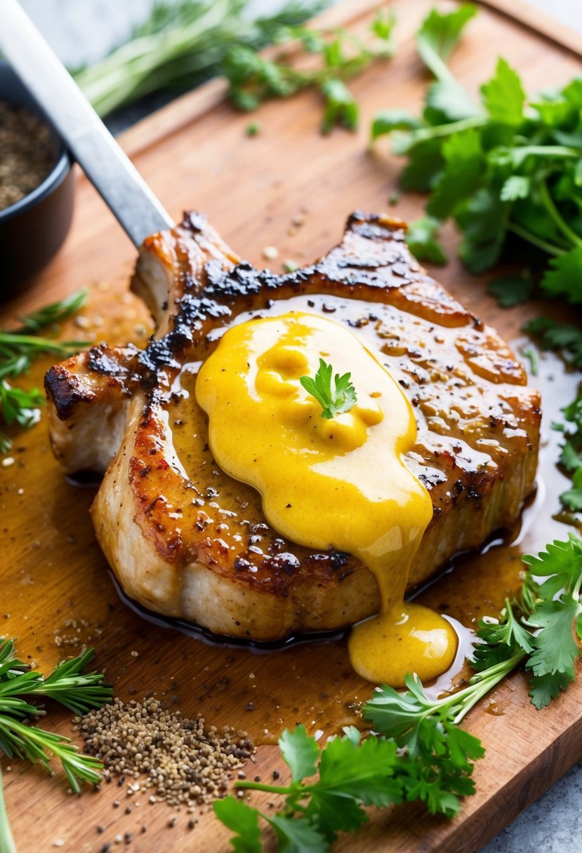 23 Pork Chop Recipes That Will Make Your Taste Buds Dance 49 A sizzling pork chop glazed with honey mustard, surrounded by fresh herbs and spices on a wooden cutting board