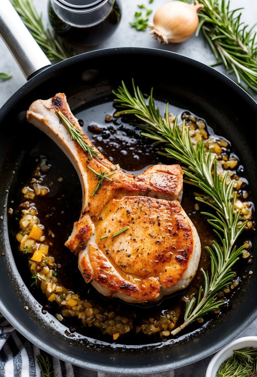23 Pork Chop Recipes That Will Make Your Taste Buds Dance 50 A sizzling pork chop cooking in a pan with balsamic and rosemary, surrounded by fresh herbs and ingredients