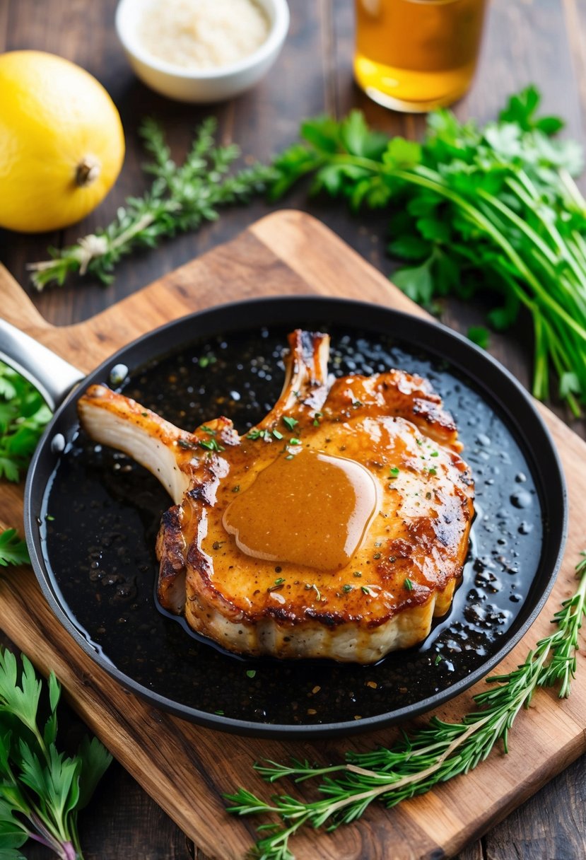 23 Pork Chop Recipes That Will Make Your Taste Buds Dance 51 A sizzling pork chop with maple dijon glaze on a rustic wooden cutting board, surrounded by fresh herbs and ingredients