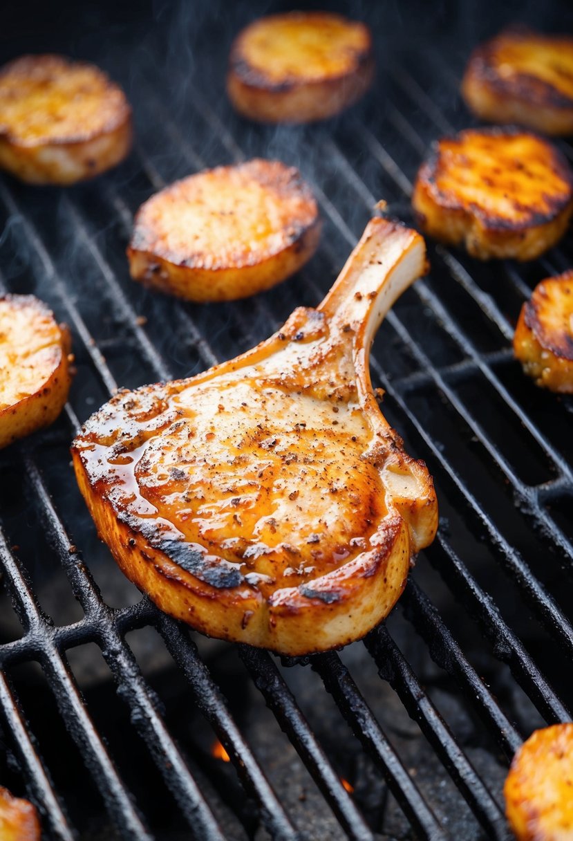 23 Pork Chop Recipes That Will Make Your Taste Buds Dance 52 A sizzling pork chop cooking on a grill, surrounded by smoky chipotle seasoning and charred grill marks