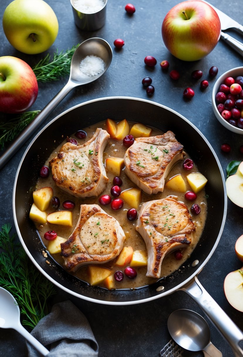23 Pork Chop Recipes That Will Make Your Taste Buds Dance 53 A skillet sizzling with pork chops, cranberries, and apples cooking in a savory sauce, surrounded by fresh ingredients and kitchen utensils