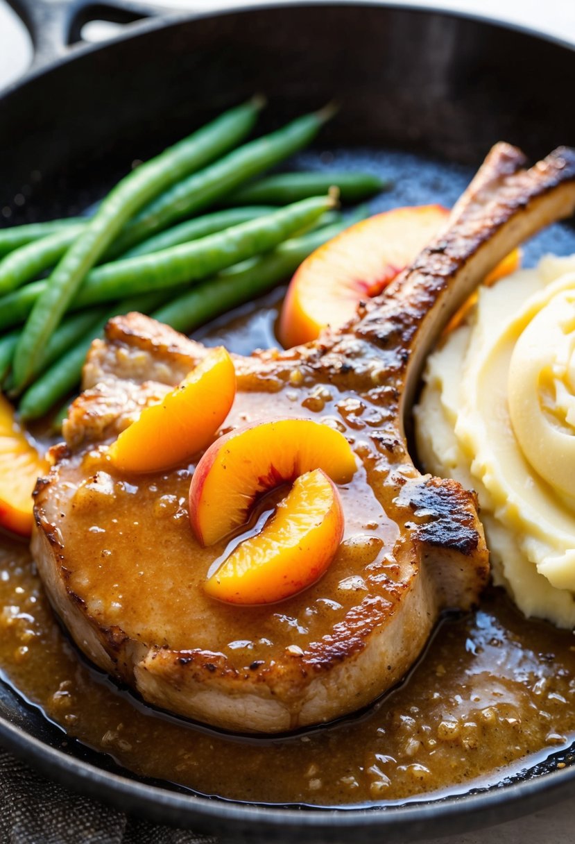23 Pork Chop Recipes That Will Make Your Taste Buds Dance 59 A sizzling pork chop cooks in a skillet, glazed with a peach bourbon sauce. A side of green beans and mashed potatoes completes the plate