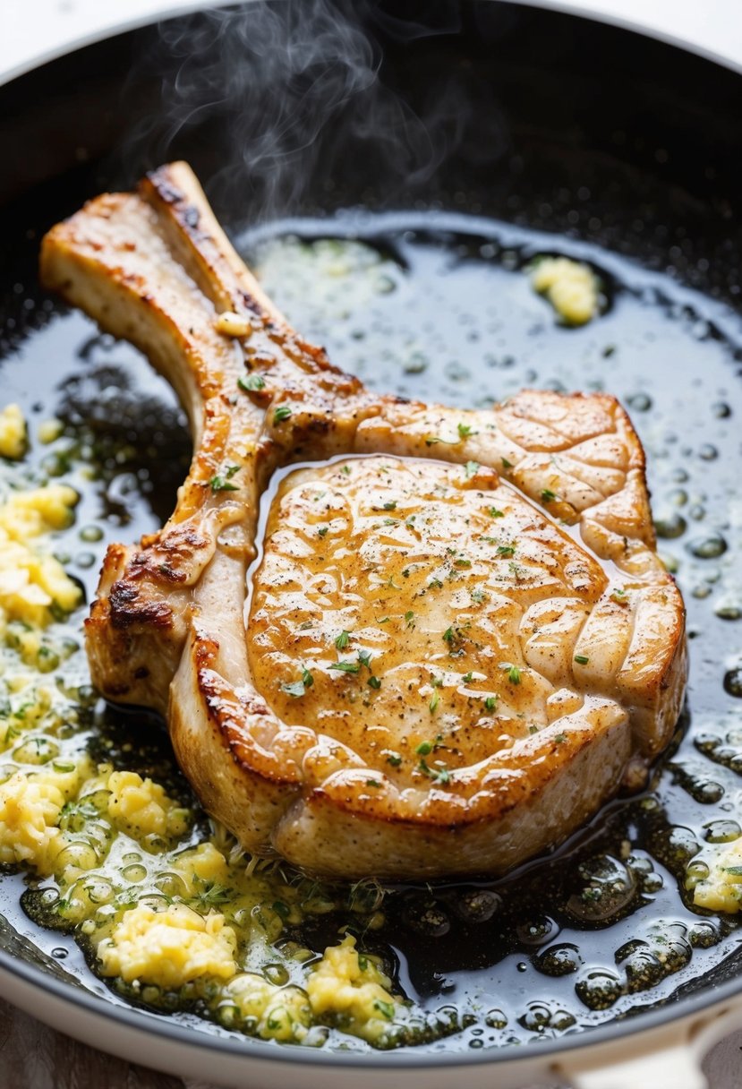23 Pork Chop Recipes That Will Make Your Taste Buds Dance 64 A sizzling pork chop is being cooked in a skillet with bubbling garlic butter, emitting a mouth-watering aroma