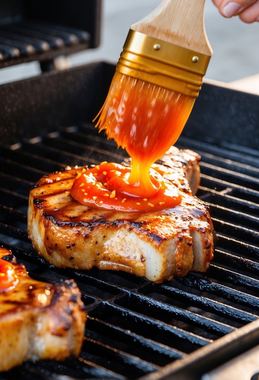 23 Pork Chop Recipes That Will Make Your Taste Buds Dance 67 A sizzling pork chop cooking on a hot grill, with a glaze of sweet and spicy sriracha sauce being brushed on top