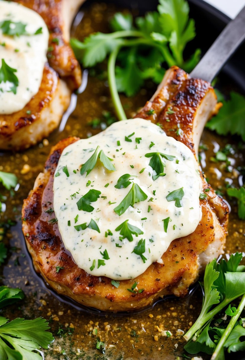 23 Pork Chop Recipes That Will Make Your Taste Buds Dance 68 A sizzling pork chop covered in a rich garlic parmesan ranch sauce, surrounded by fresh herbs and seasoning