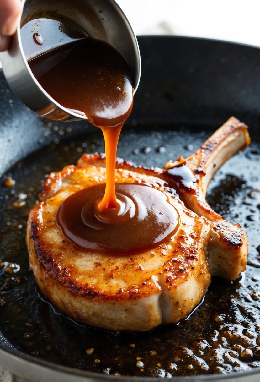 23 Pork Chop Recipes That Will Make Your Taste Buds Dance 69 A sizzling pork chop being glazed with a rich brown sugar balsamic sauce in a hot skillet
