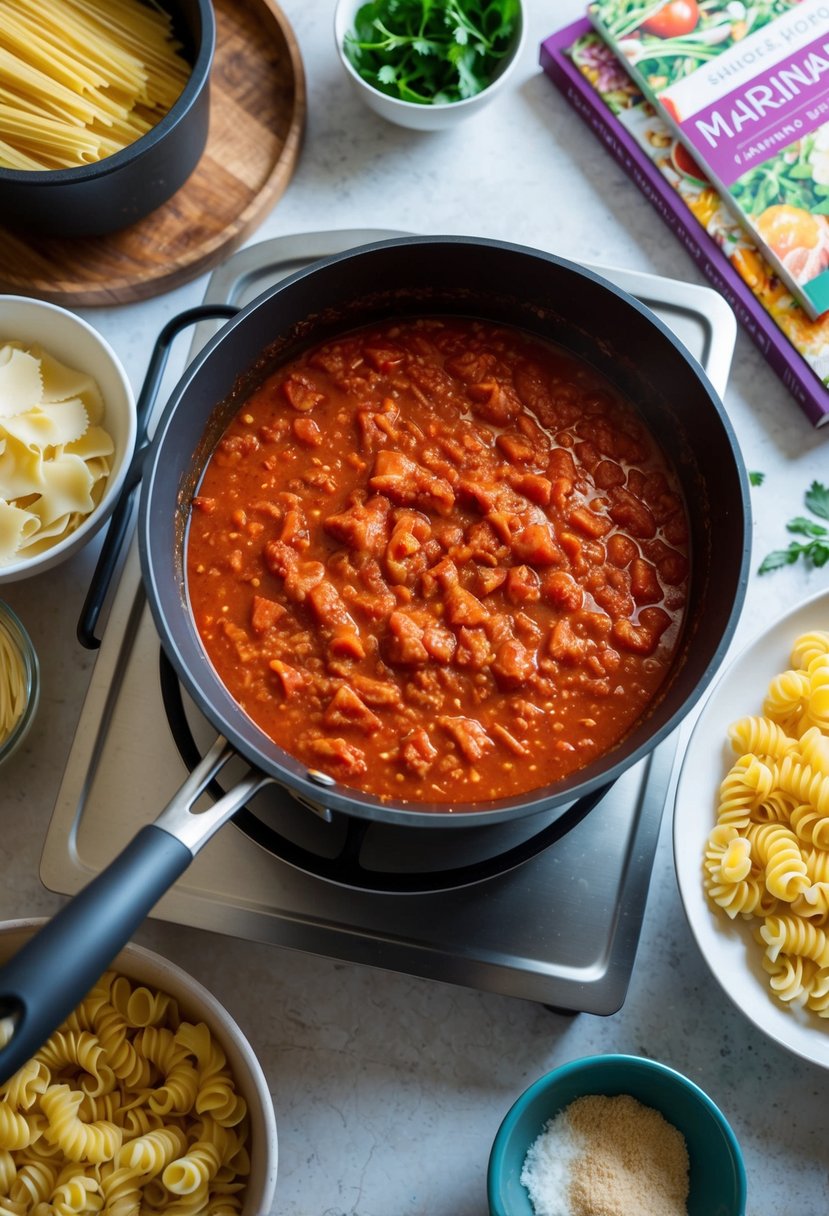 20 Pasta Recipes That Will Make Your Taste Buds Dance with Joy 43 A pot of marinara sauce simmering on a stovetop, surrounded by various pasta ingredients and recipe books