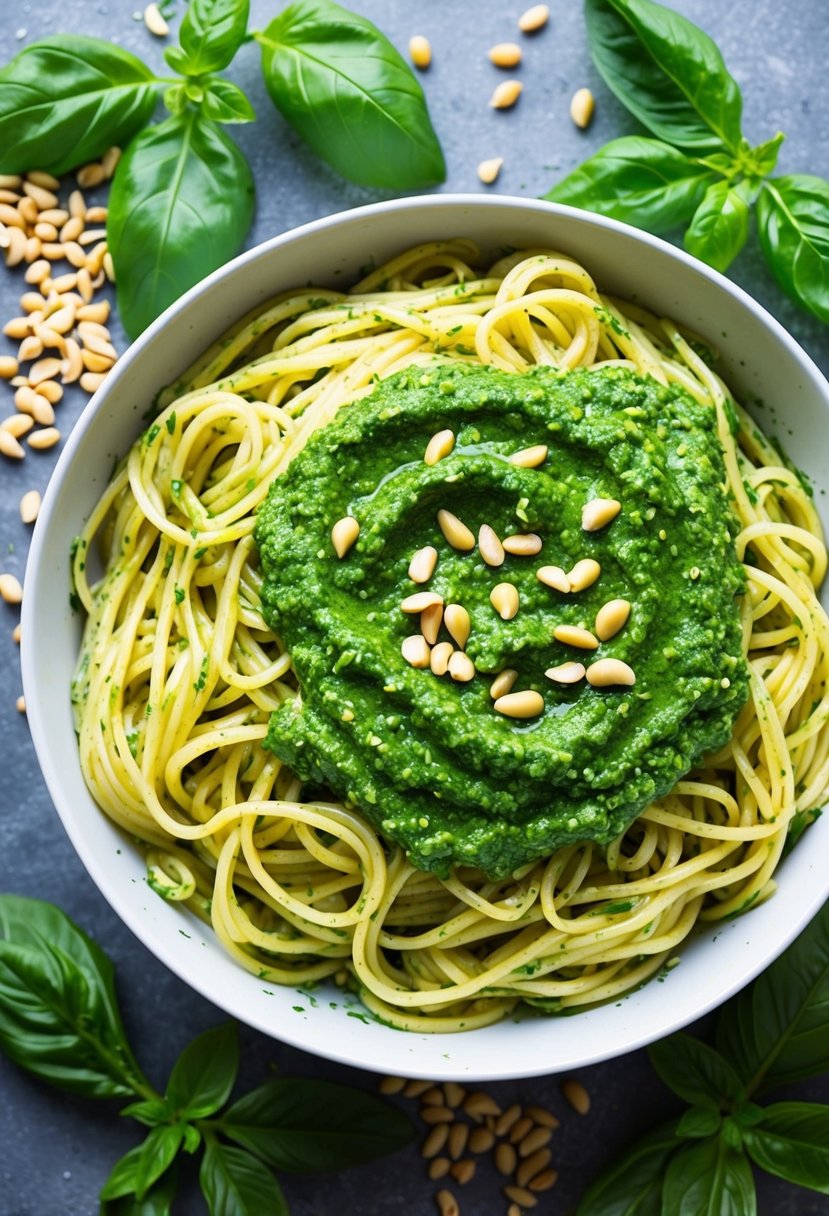 20 Pasta Recipes That Will Make Your Taste Buds Dance with Joy 44 A large bowl of pasta with vibrant green pesto sauce, surrounded by fresh basil leaves and a scattering of pine nuts
