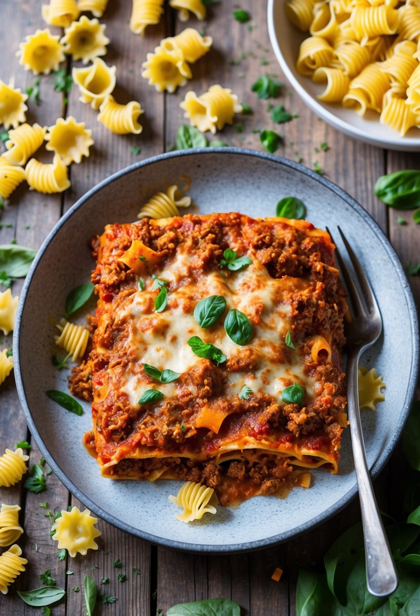20 Pasta Recipes That Will Make Your Taste Buds Dance with Joy 45 A steaming hot lasagna Bolognese sits on a rustic wooden table, surrounded by scattered pasta and fresh ingredients