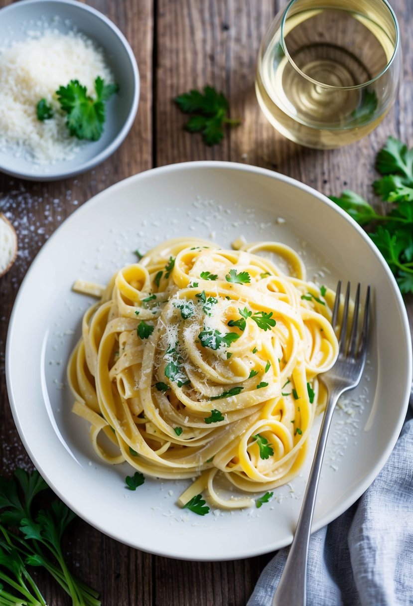 20 Pasta Recipes That Will Make Your Taste Buds Dance with Joy 46 A steaming plate of fettuccine Alfredo topped with grated cheese and parsley, surrounded by a rustic wooden table and a glass of white wine