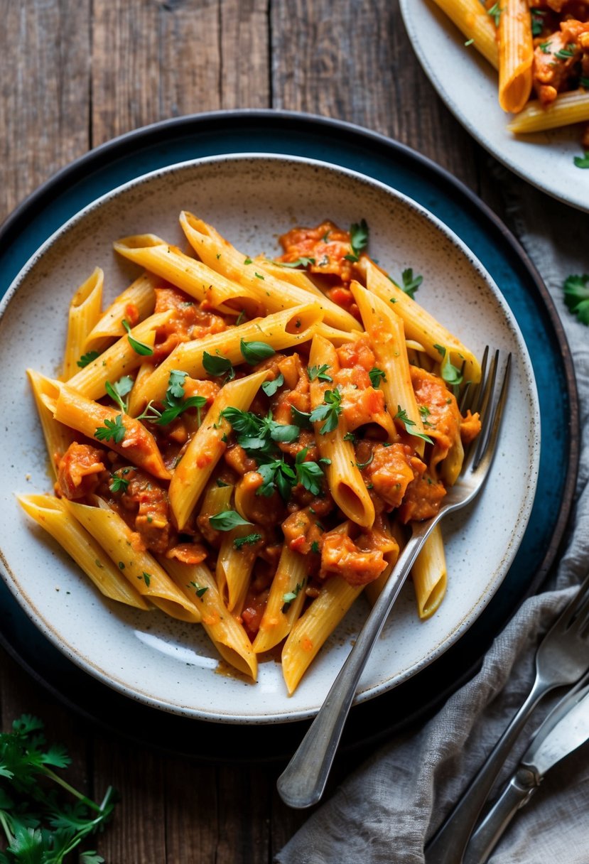 20 Pasta Recipes That Will Make Your Taste Buds Dance with Joy 47 A steaming plate of penne arrabbiata, with spicy tomato sauce and a sprinkling of fresh herbs, sits on a rustic wooden table