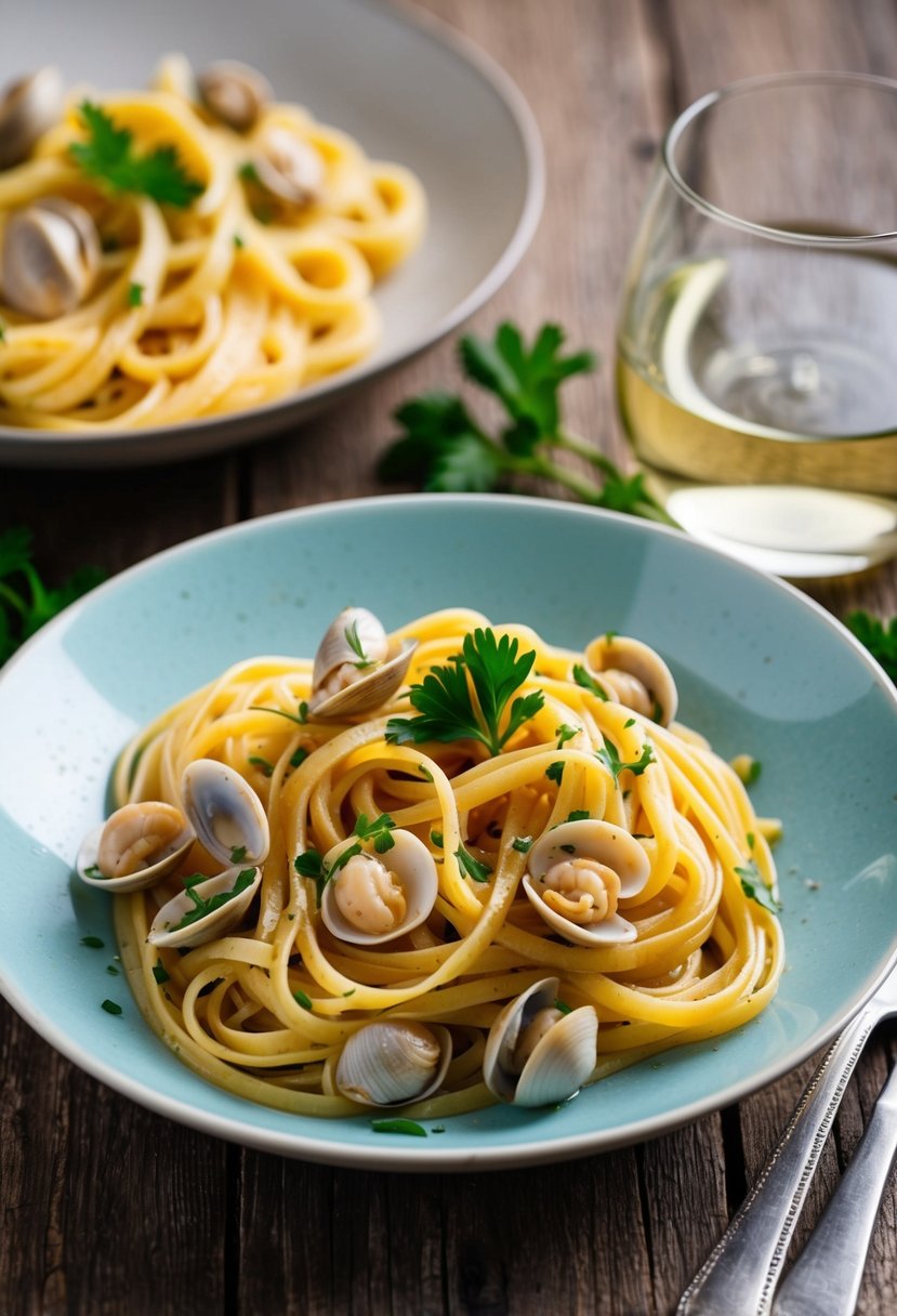 20 Pasta Recipes That Will Make Your Taste Buds Dance with Joy 48 A steaming plate of linguine with clam sauce, garnished with fresh parsley, sits on a rustic wooden table next to a glass of white wine