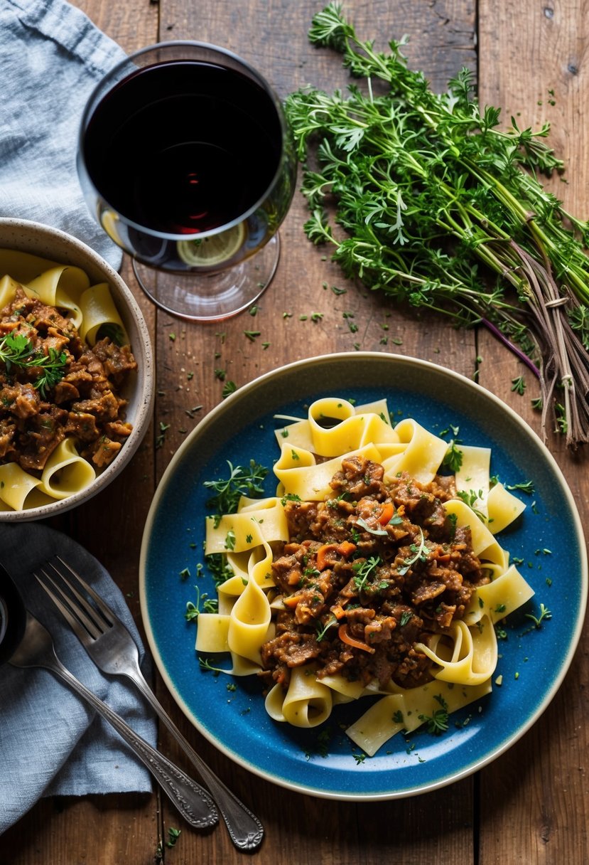 20 Pasta Recipes That Will Make Your Taste Buds Dance with Joy 51 A rustic kitchen table set with a steaming plate of pappardelle topped with rich wild boar ragu, surrounded by fresh herbs and a glass of red wine
