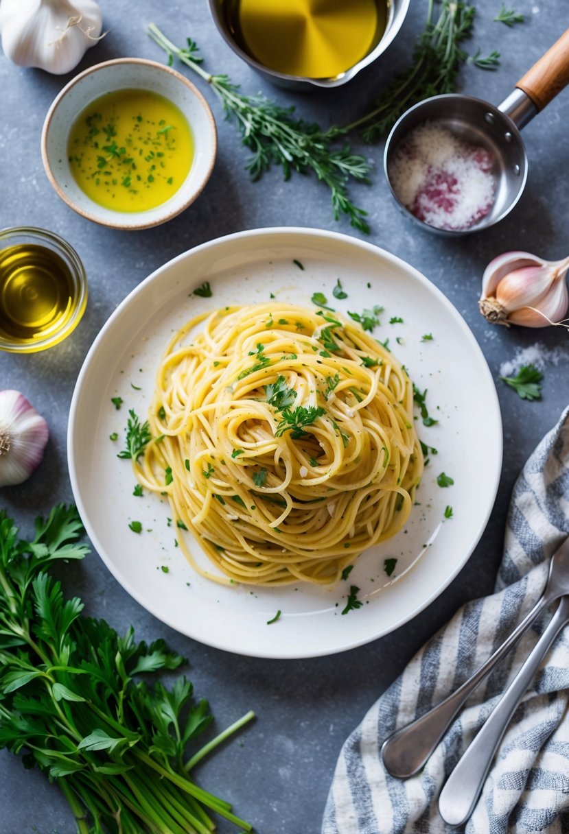 20 Pasta Recipes That Will Make Your Taste Buds Dance with Joy 52 A steaming plate of spaghetti with garlic, olive oil, and herbs, surrounded by fresh ingredients and cooking utensils