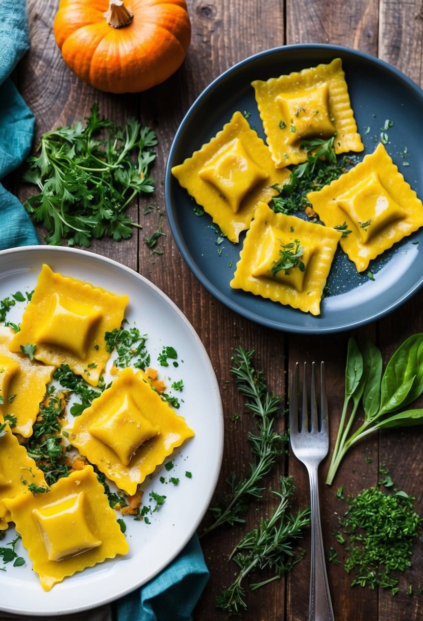 20 Pasta Recipes That Will Make Your Taste Buds Dance with Joy 53 A steaming plate of butternut squash ravioli surrounded by vibrant herbs and spices on a rustic wooden table
