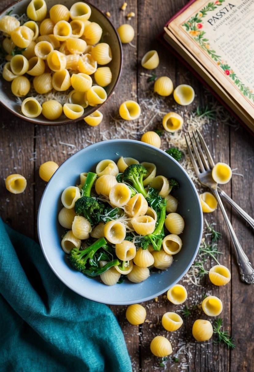 20 Pasta Recipes That Will Make Your Taste Buds Dance with Joy 54 A steaming bowl of orecchiette with broccoli rabe sits on a rustic wooden table, surrounded by scattered pasta ingredients and a vintage pasta recipe book